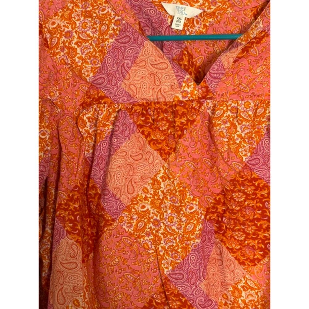 Time and Tru Womens Orange Pink Boho Floral Peasant Blouse Size 2XL - Picture 3 of 9